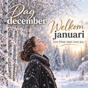 Een vrouw in een besneeuwd bos brengt een groet voor een frisse januaristart.