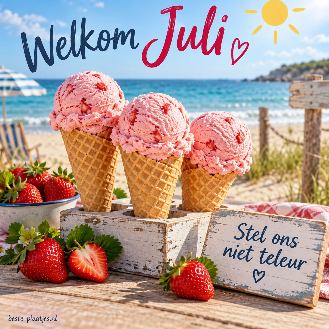 Drie aardbeienijsjes staan met verse aardbeien op een zomerse tafel.