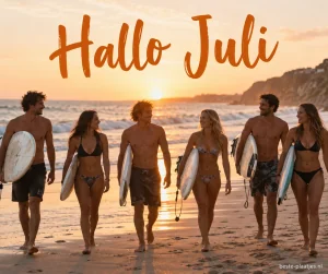 Een groep jonge surfers wandelt met surfplanken over het strand.