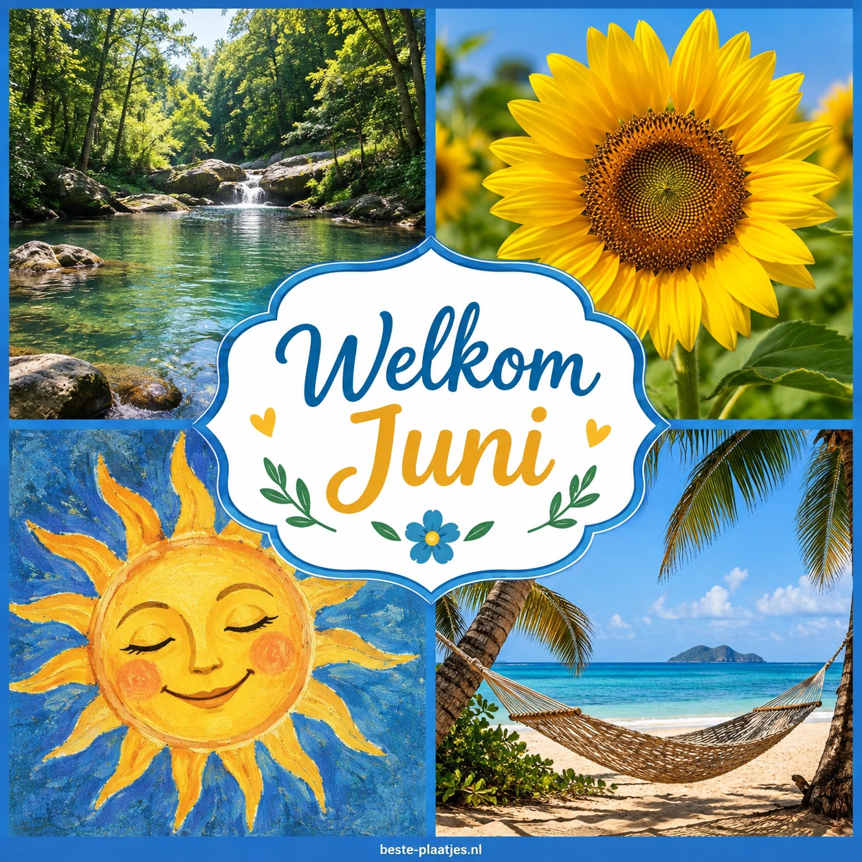 Een collage toont een bosbeek, zonnebloem, getekende zon en een hangmat op het strand. Een collage toont een bosbeek, zonnebloem, getekende zon en een hangmat op het strand.