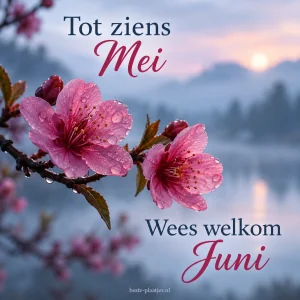 Roze bloesem steekt af tegen een zachtblauwe avondlucht.