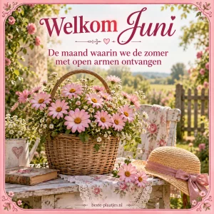Een mand met roze bloemen staat op een zonnig tuinbankje binnen een roze rand.
