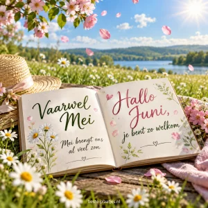 Een open boek ligt tussen madeliefjes in een zonnige weide.