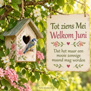 Een houten vogelhuisje hangt tussen groene bladeren naast een lichte wenskaart.