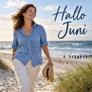 Een vrouw wandelt glimlachend langs een winderig strand.