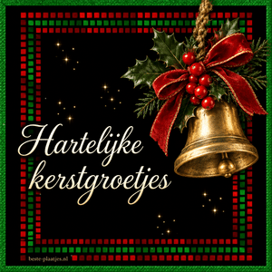 Een gouden bel met hulst brengt hartelijke kerstgroetjes.