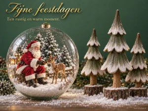 Een kerstbal met winterdecoratie en houten bomen brengt een warme feestgroet.
