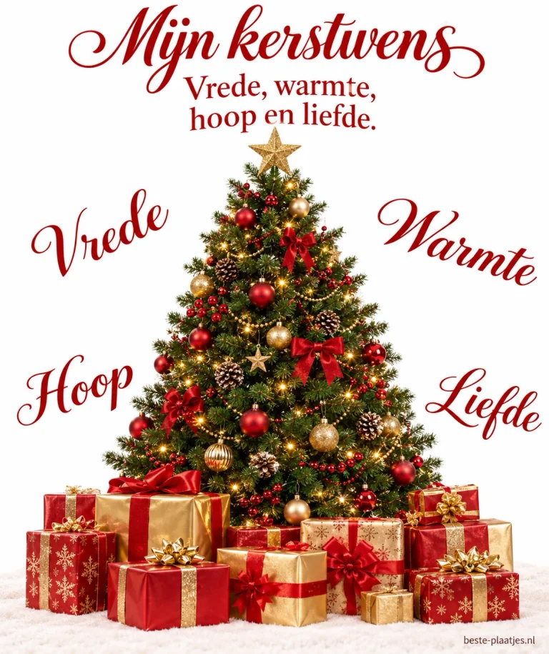 Een kerstboom met cadeaus brengt wensen voor vrede, warmte, hoop en liefde.