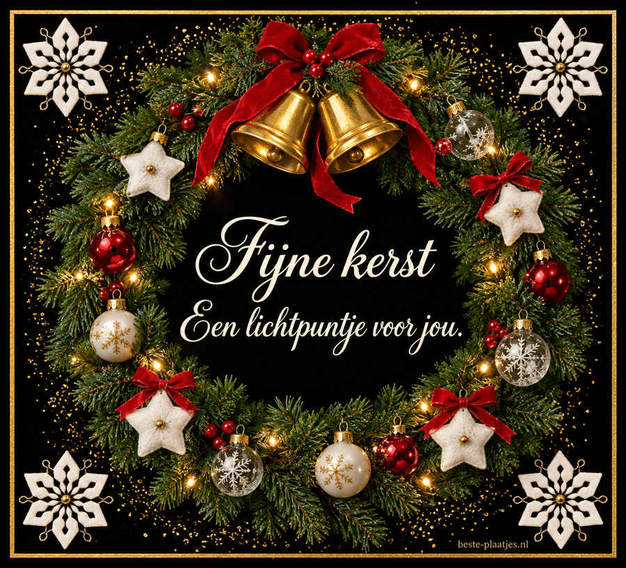 Een kerstkrans met gouden bellen brengt een sprankelende kerstwens.