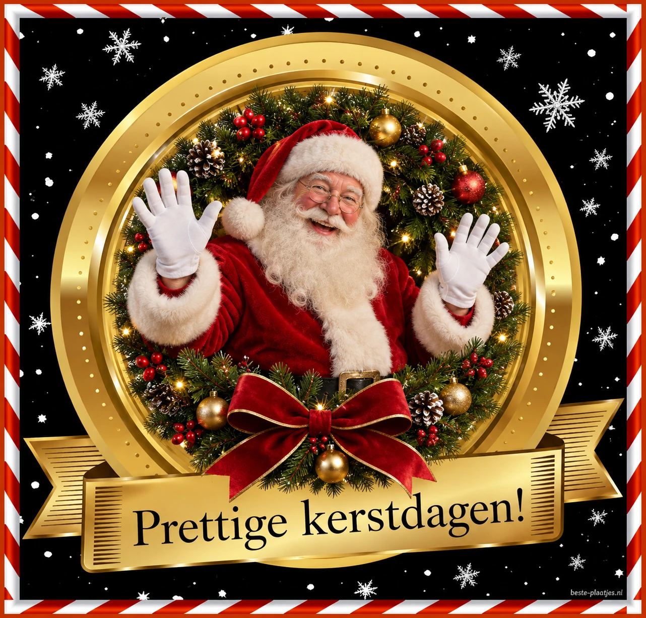 Een kerstman in een gouden krans brengt een feestelijke kerstgroet.