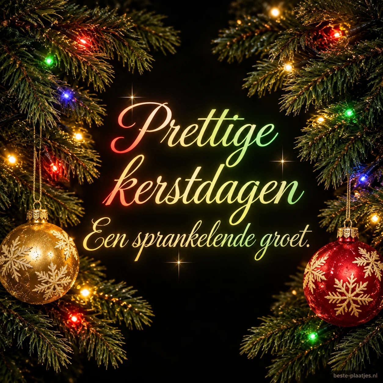 Lichtjes en hangende kerstballen brengen een sprankelende kerstgroet.