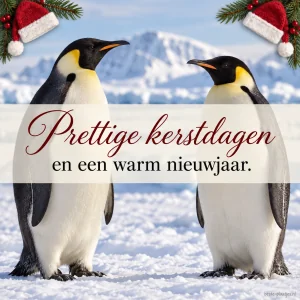 Twee pinguïns op een winterse kerstkaart brengen een groet voor de feestdagen.