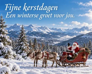 Een rode slee in een besneeuwd berglandschap brengt een winterse kerstgroet.