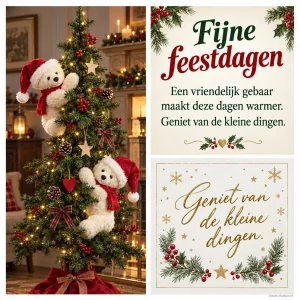 Een collage met een versierde boom en stoffen beertjes brengt een vriendelijke feestdagenwens.
