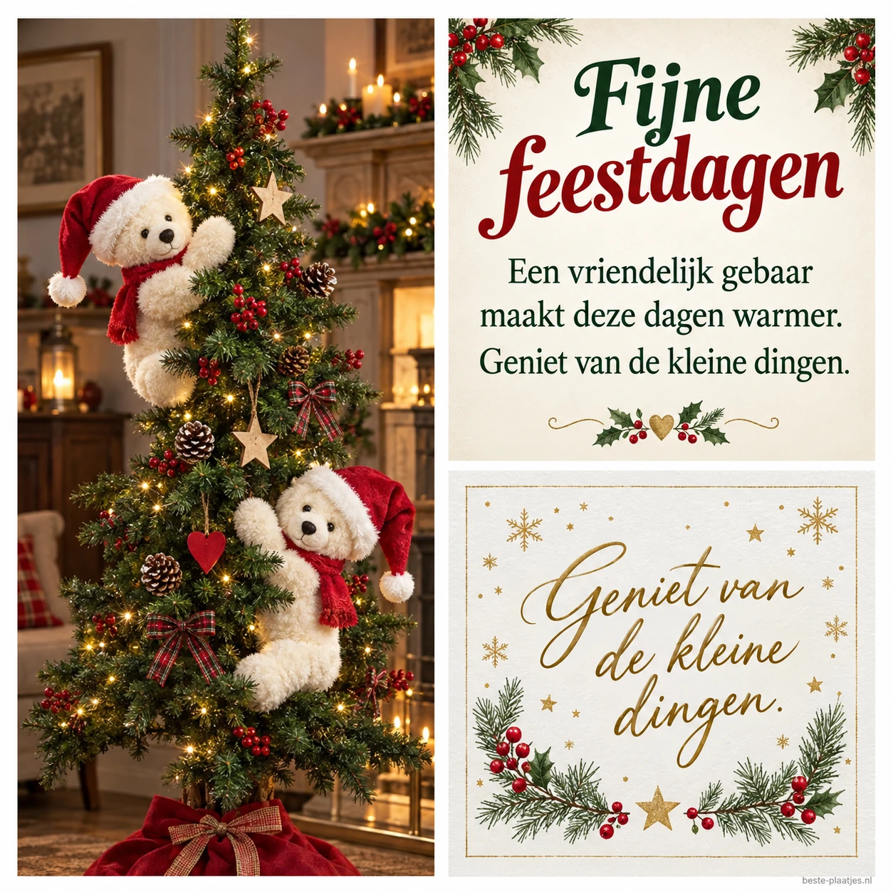 Een collage met een versierde boom en stoffen beertjes brengt een vriendelijke feestdagenwens.