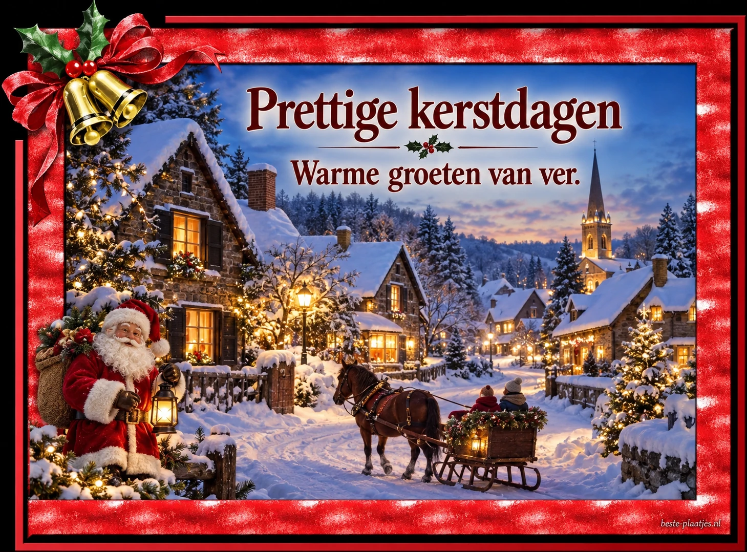 Een besneeuwd dorp in een rood kader brengt warme kerstgroeten.