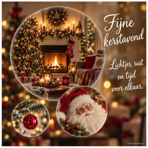 Een ronde collage met haardvuur, kerstboom en kleine decoraties brengt een gezellige avondwens.