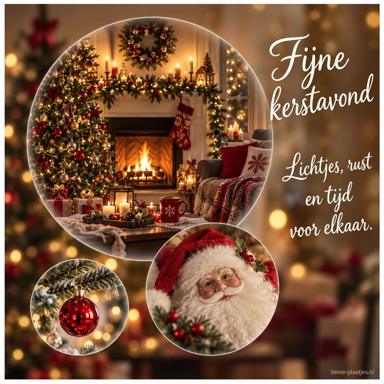 Een ronde collage met haardvuur, kerstboom en kleine decoraties brengt een gezellige avondwens. Een ronde collage met haardvuur, kerstboom en kleine decoraties brengt een gezellige avondwens.