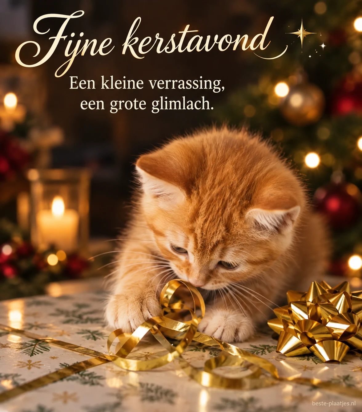 Een rood katje met een gouden lint brengt een speelse kerstavondgroet. Een rood katje met een gouden lint brengt een speelse kerstavondgroet.