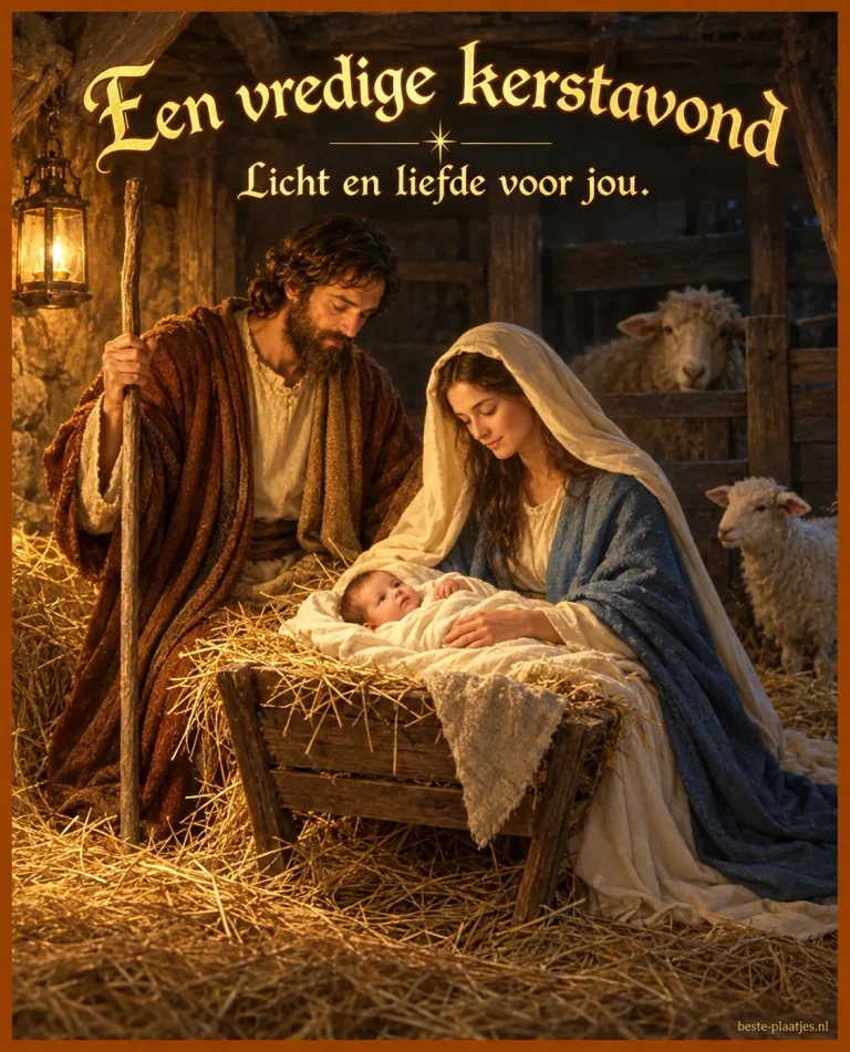 Een warme kerststalscène met Maria, Jozef en het kind brengt een vredige kerstavondwens.