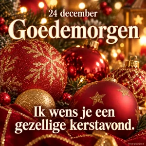 Rode kerstballen en zachte lichtjes brengen een gezellige ochtendgroet voor 24 december.