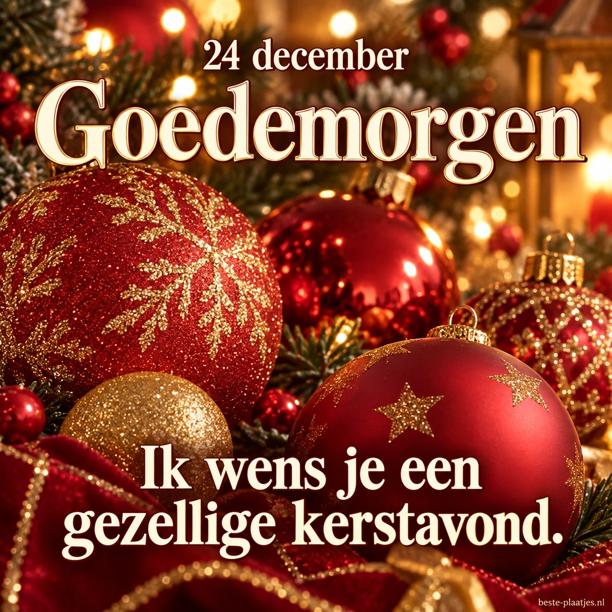 Rode kerstballen en zachte lichtjes brengen een gezellige ochtendgroet voor 24 december. Rode kerstballen en zachte lichtjes brengen een gezellige ochtendgroet voor 24 december.