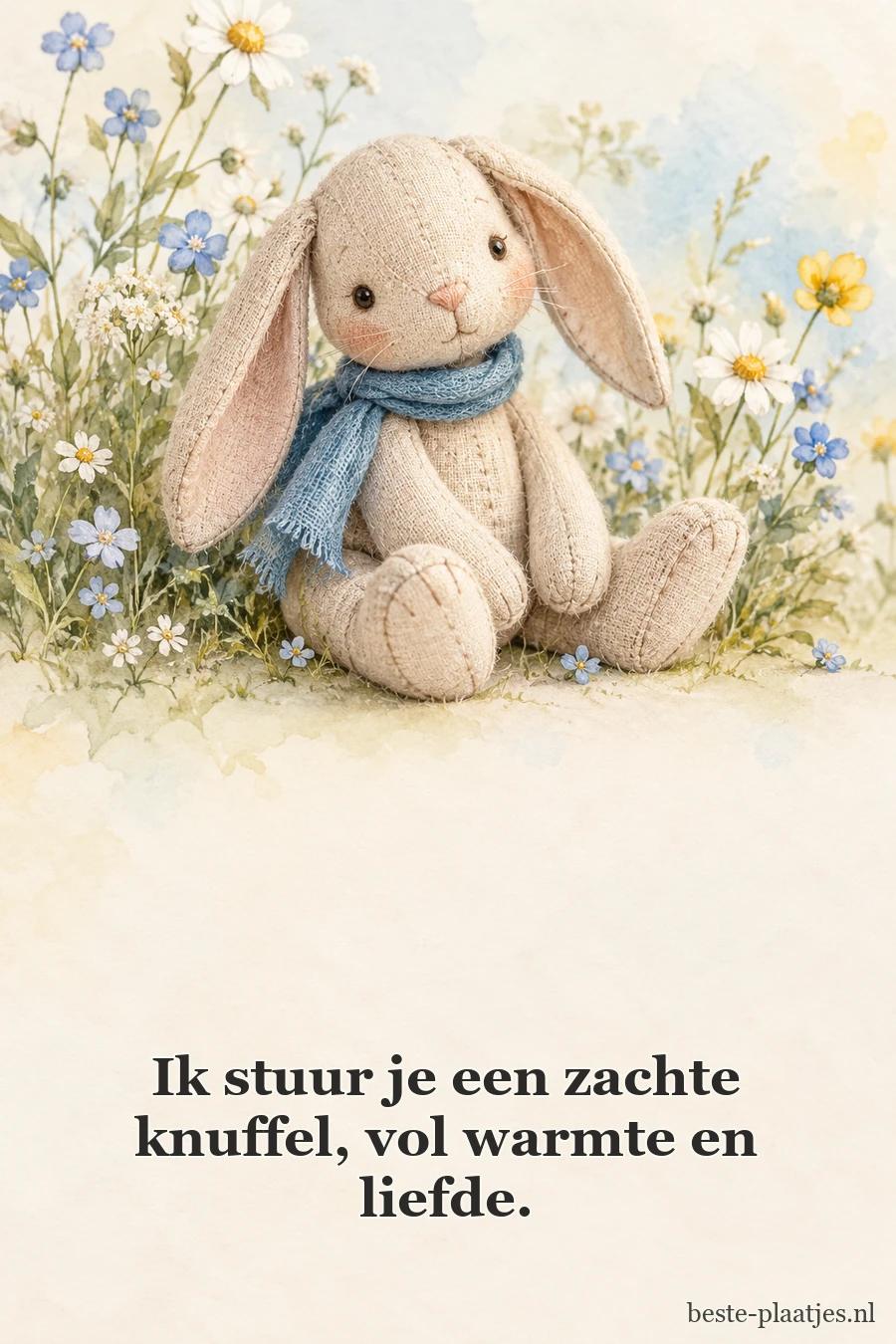 Een linnen konijntje met blauwe sjaal zit tussen veldbloemen. Een linnen konijntje met blauwe sjaal zit tussen veldbloemen.