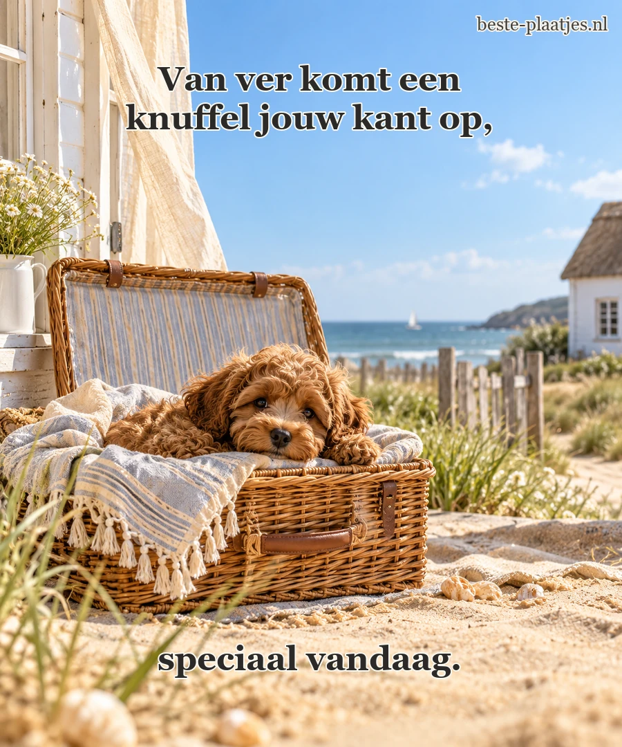 Een bruine pup nestelt zich in een picknickmand aan zee. Een bruine pup nestelt zich in een picknickmand aan zee.
