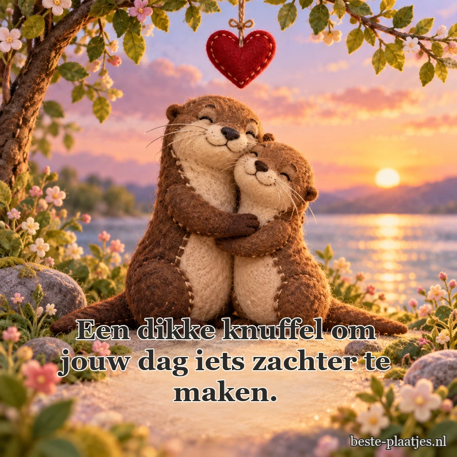 Twee vilten otters omarmen elkaar onder een rood hart. Twee vilten otters omarmen elkaar onder een rood hart.
