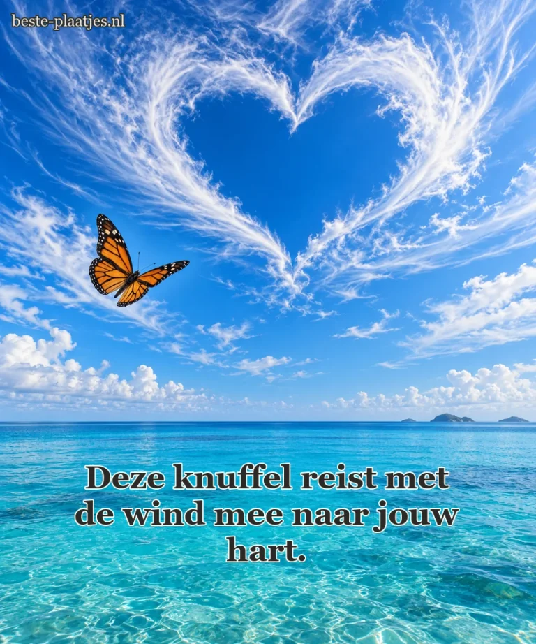 Een vlinder vliegt onder een hartvormige opening in de wolken.