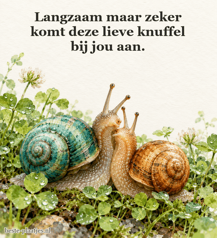 Twee gekleurde tuinslakken kruipen naar elkaar toe tussen klaver. Twee gekleurde tuinslakken kruipen naar elkaar toe tussen klaver.