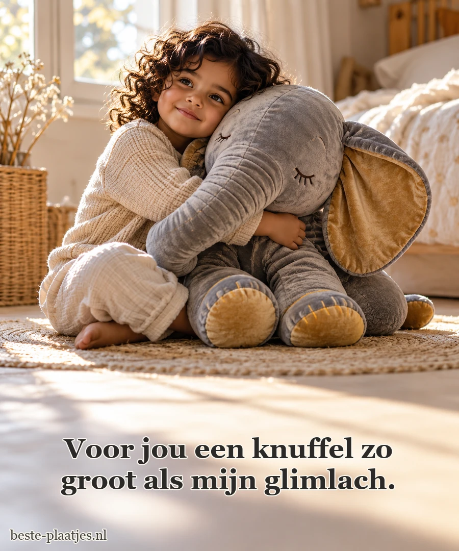 Een kind omhelst een grote fluwelen knuffelolifant. Een kind omhelst een grote fluwelen knuffelolifant.