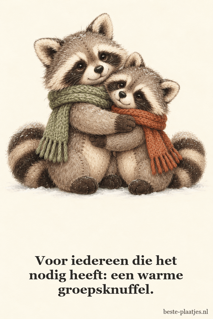 Twee vilten wasberen omhelzen elkaar in wintersjaals. Twee vilten wasberen omhelzen elkaar in wintersjaals.