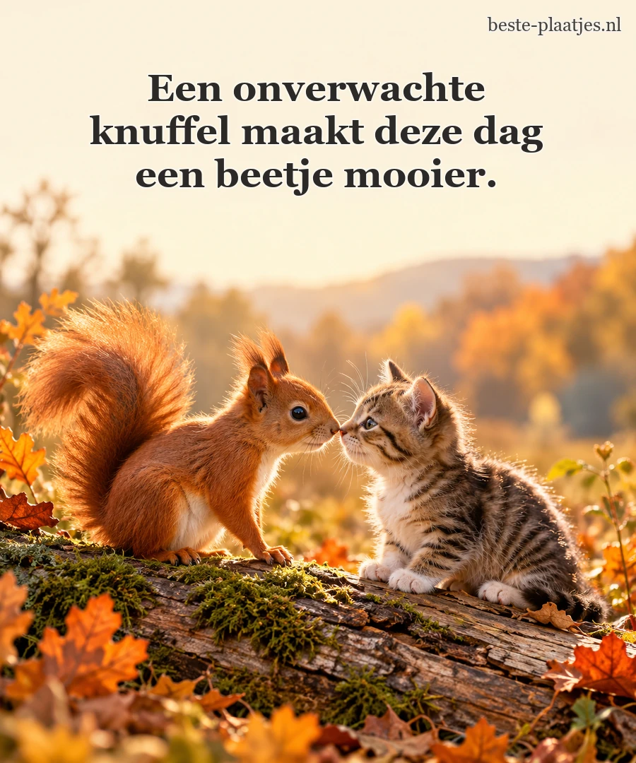 Een eekhoorn begroet een kitten op een herfstige boomstam. Een eekhoorn begroet een kitten op een herfstige boomstam.