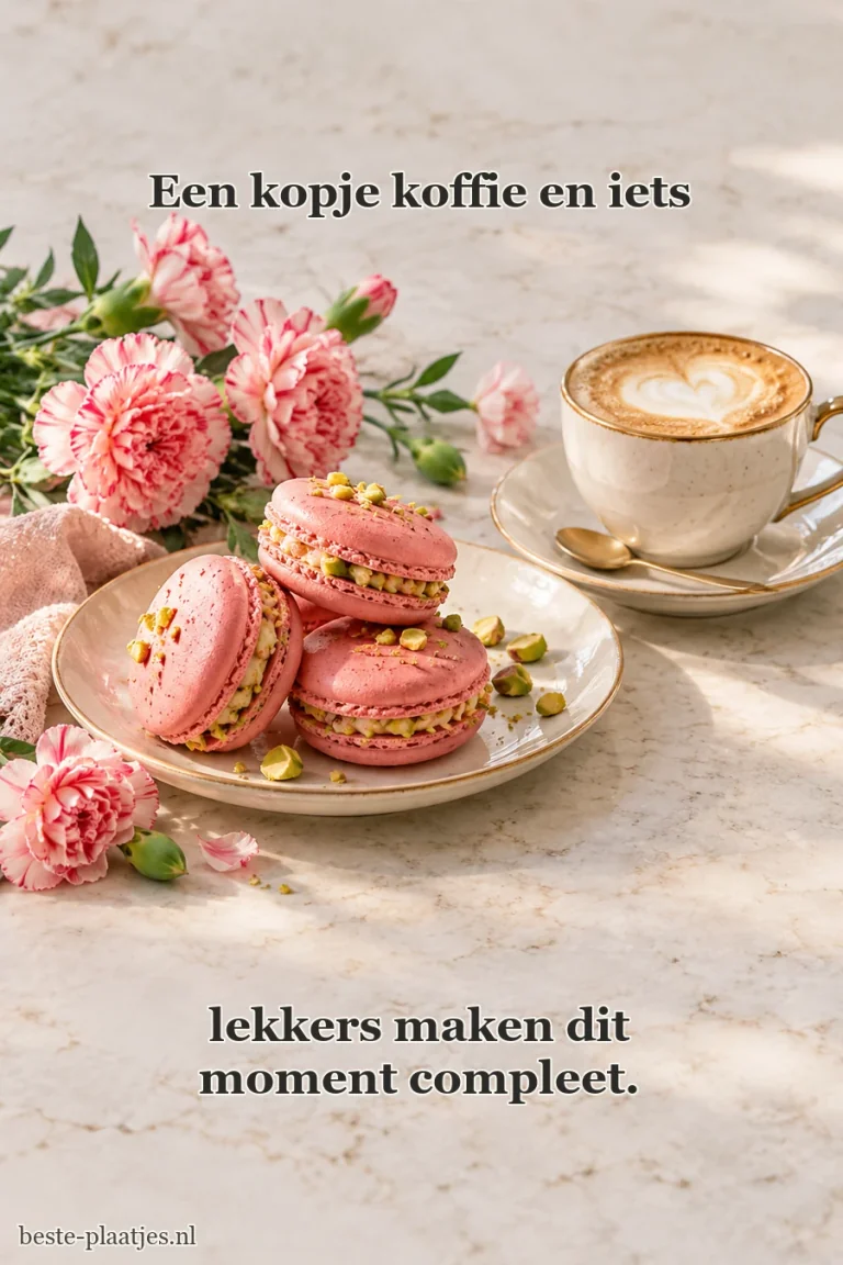 Roze macarons en een cappuccino staan naast frisse anjers.