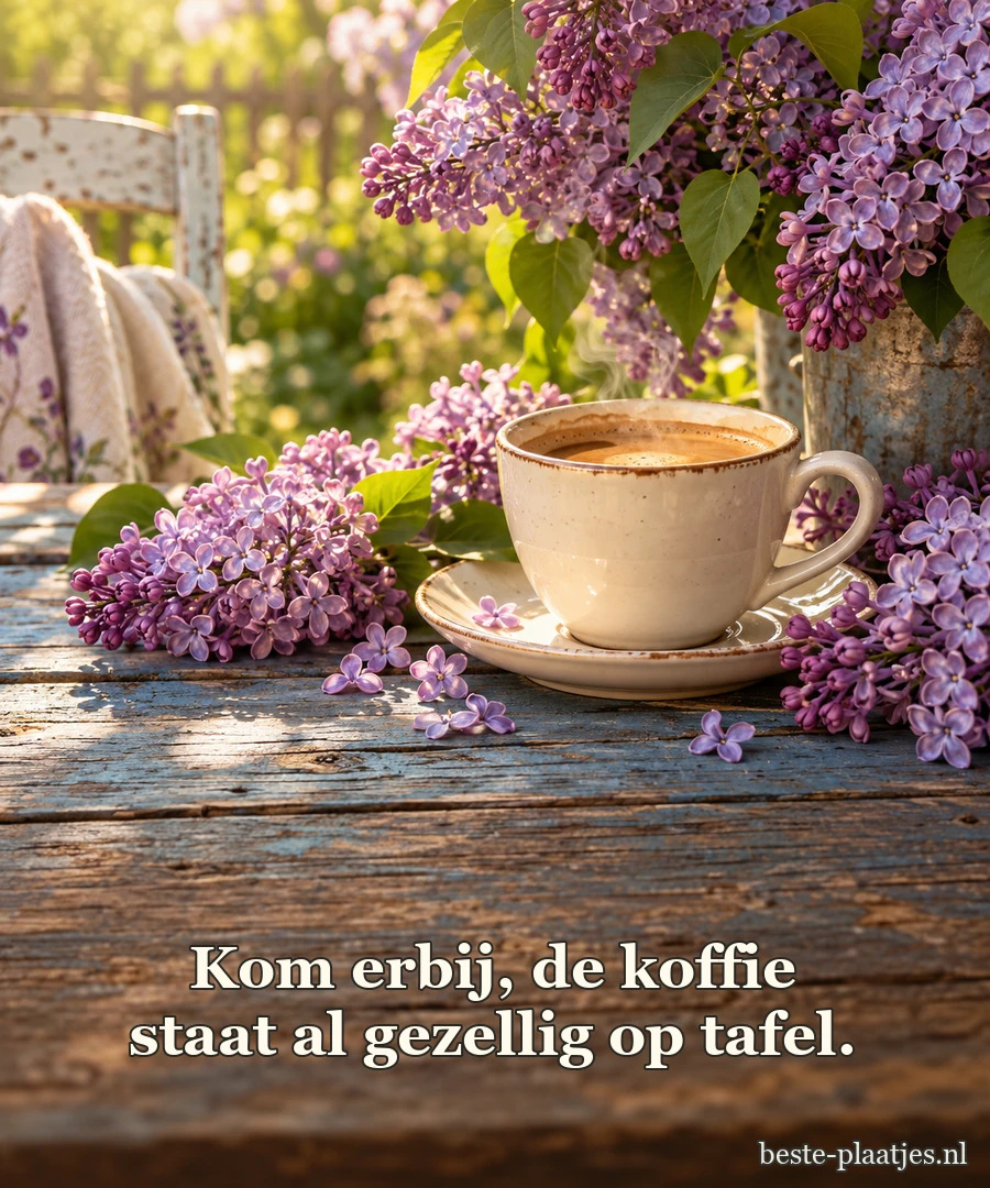 Een lichte koffiekop staat naast paarse seringen op verweerd hout. Een lichte koffiekop staat naast paarse seringen op verweerd hout.