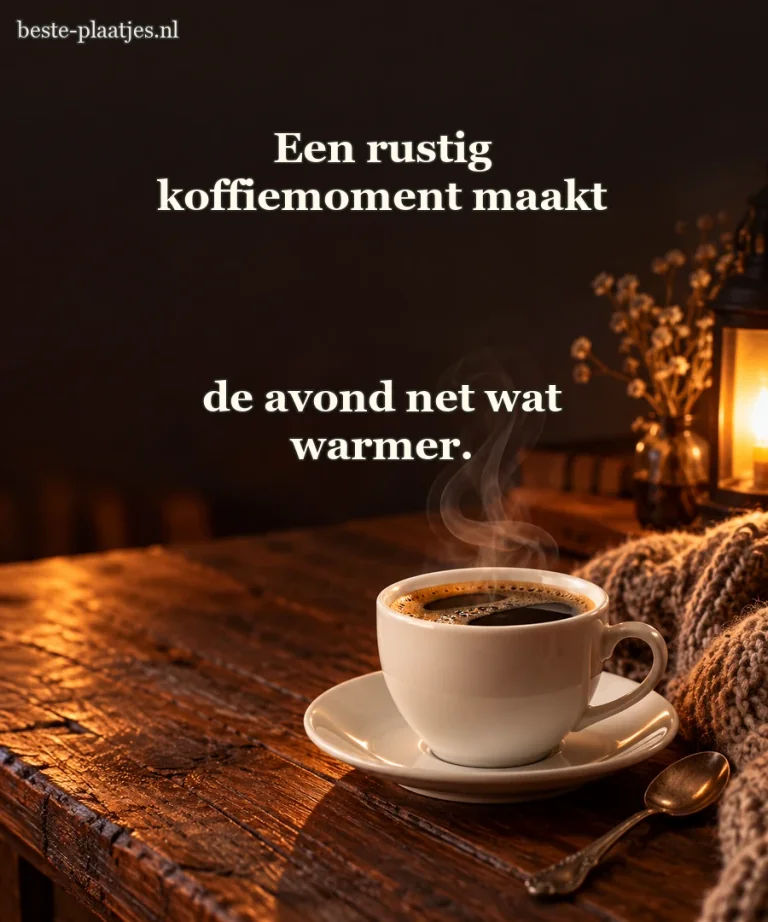 Een witte koffiekop dampt op een donkere houten tafel.