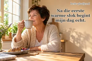 Een vrouw drinkt haar eerste koffie bij het keukenraam.