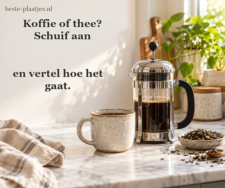 Een cafetière en mok wachten op een licht keukenblad. Een cafetière en mok wachten op een licht keukenblad.