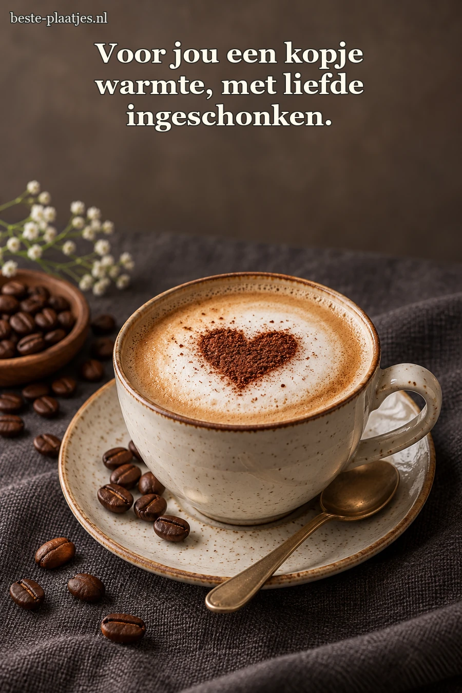 Een cappuccino met hartje staat op donker linnen. Een cappuccino met hartje staat op donker linnen.