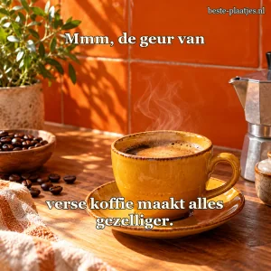 Een okergele espressokop dampt tegen oranje tegels.