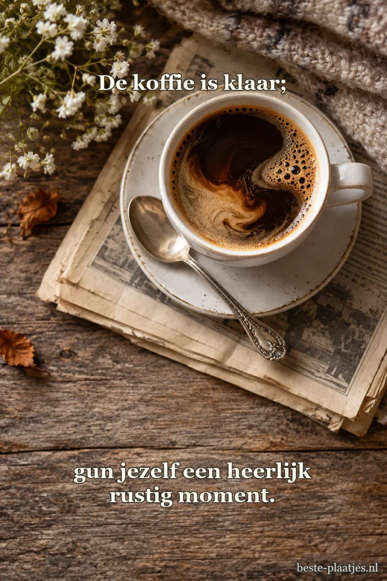 Een koffiekop staat op een krant naast een zilveren lepel.