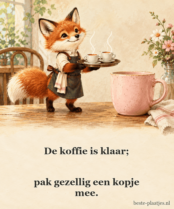 Een getekende vos serveert twee kleine kopjes koffie. Een getekende vos serveert twee kleine kopjes koffie.