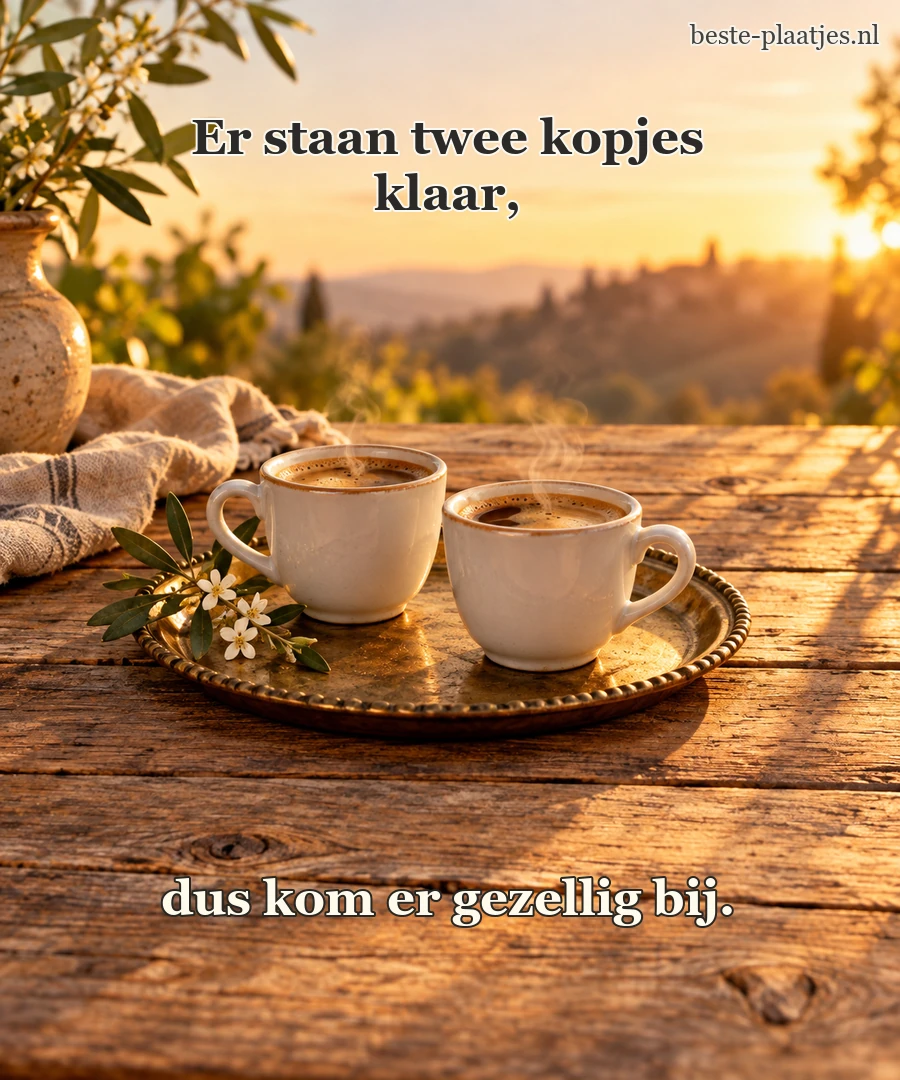 Twee witte koffiekopjes staan op een oude koperen schaal. Twee witte koffiekopjes staan op een oude koperen schaal.