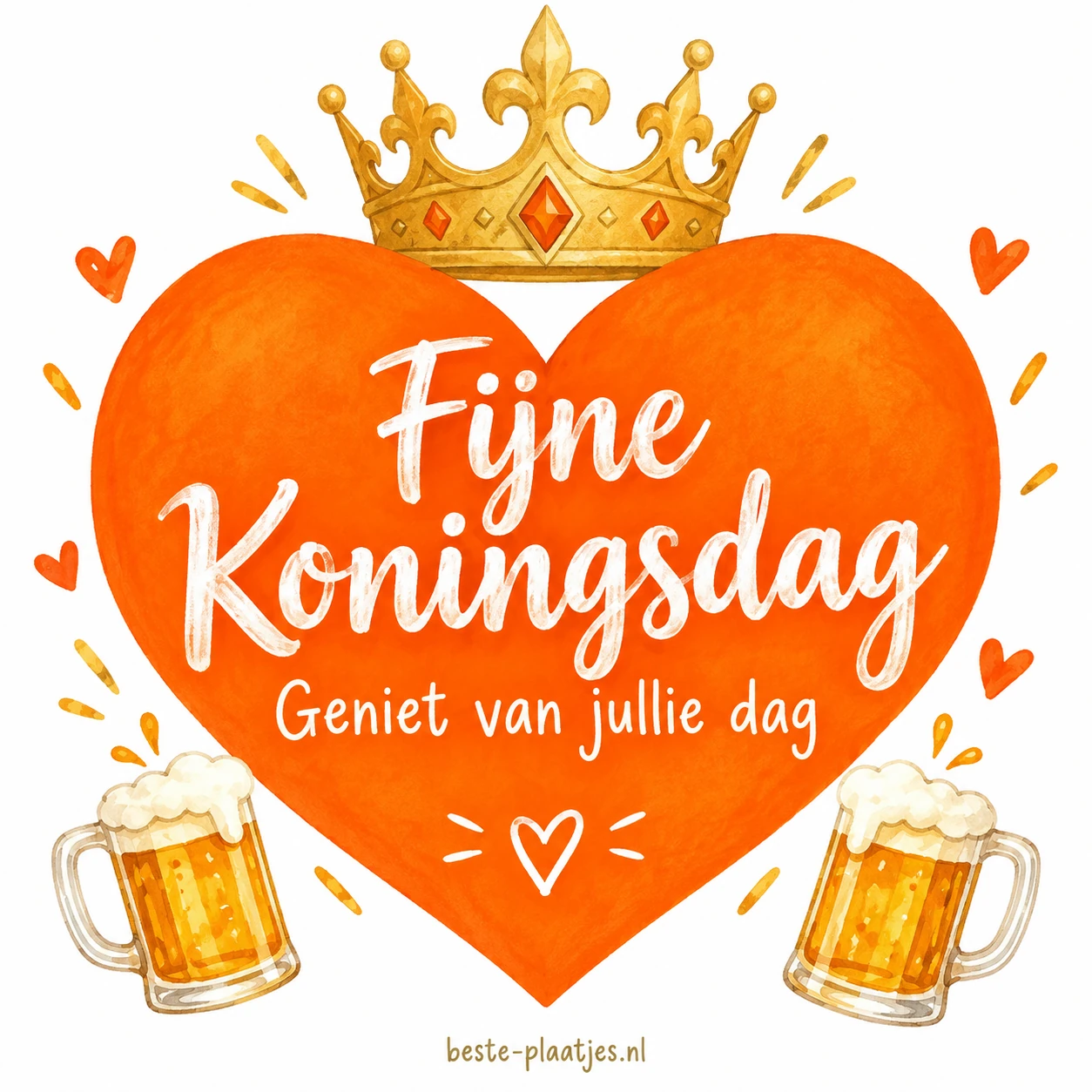 Een oranje hart met een gouden kroon staat tussen twee bierglazen. Een oranje hart met een gouden kroon staat tussen twee bierglazen.