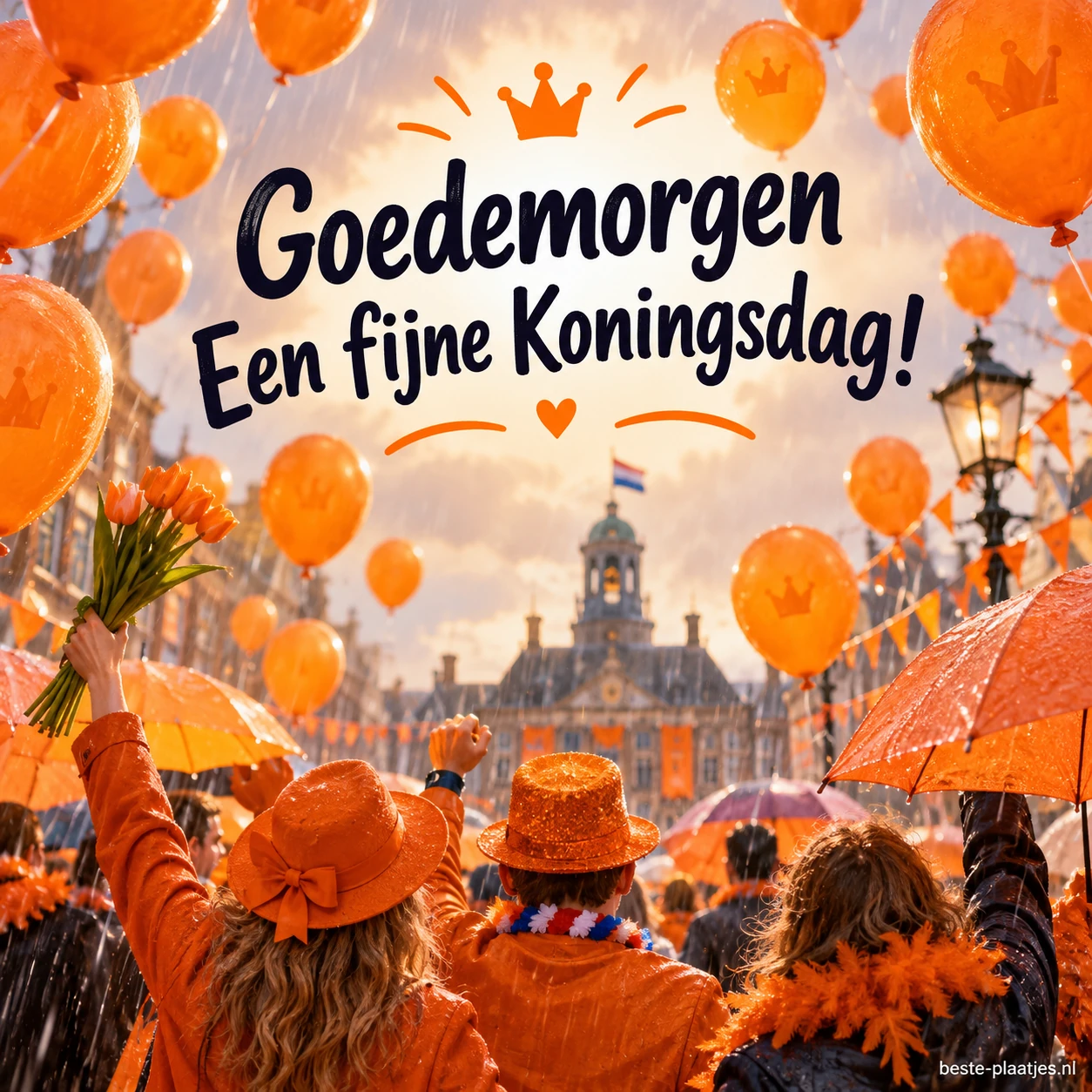 Feestvierders in oranje staan tussen ballonnen en paraplu’s op een regenachtig plein. Feestvierders in oranje staan tussen ballonnen en paraplu’s op een regenachtig plein.