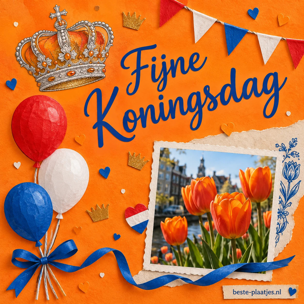 Een oranje collage toont een kroon, Nederlandse vlaggetjes, ballonnen en tulpen. Een oranje collage toont een kroon, Nederlandse vlaggetjes, ballonnen en tulpen.
