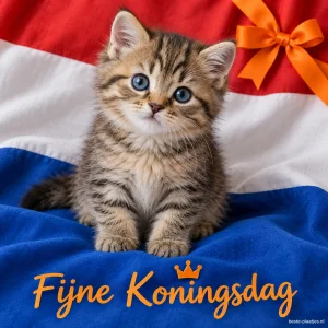 Een pluizig katje zit voor een Nederlandse vlag met een oranje strik.