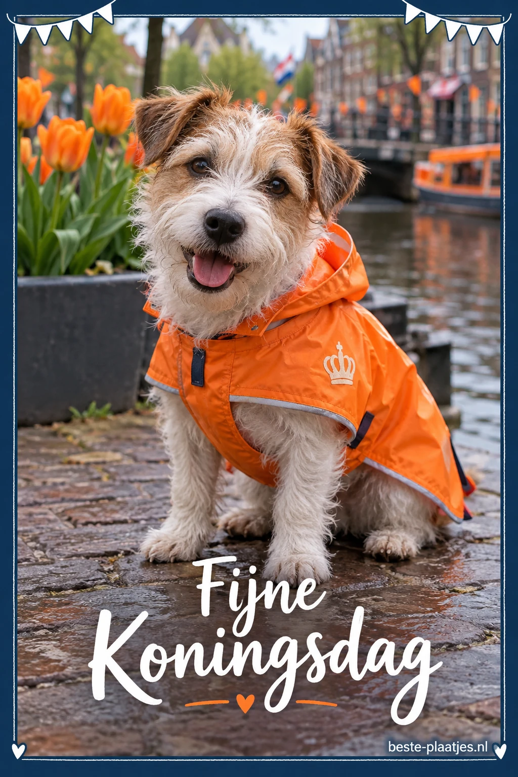 Een kleine terriër in een oranje regenjas zit aan een natte gracht. Een kleine terriër in een oranje regenjas zit aan een natte gracht.