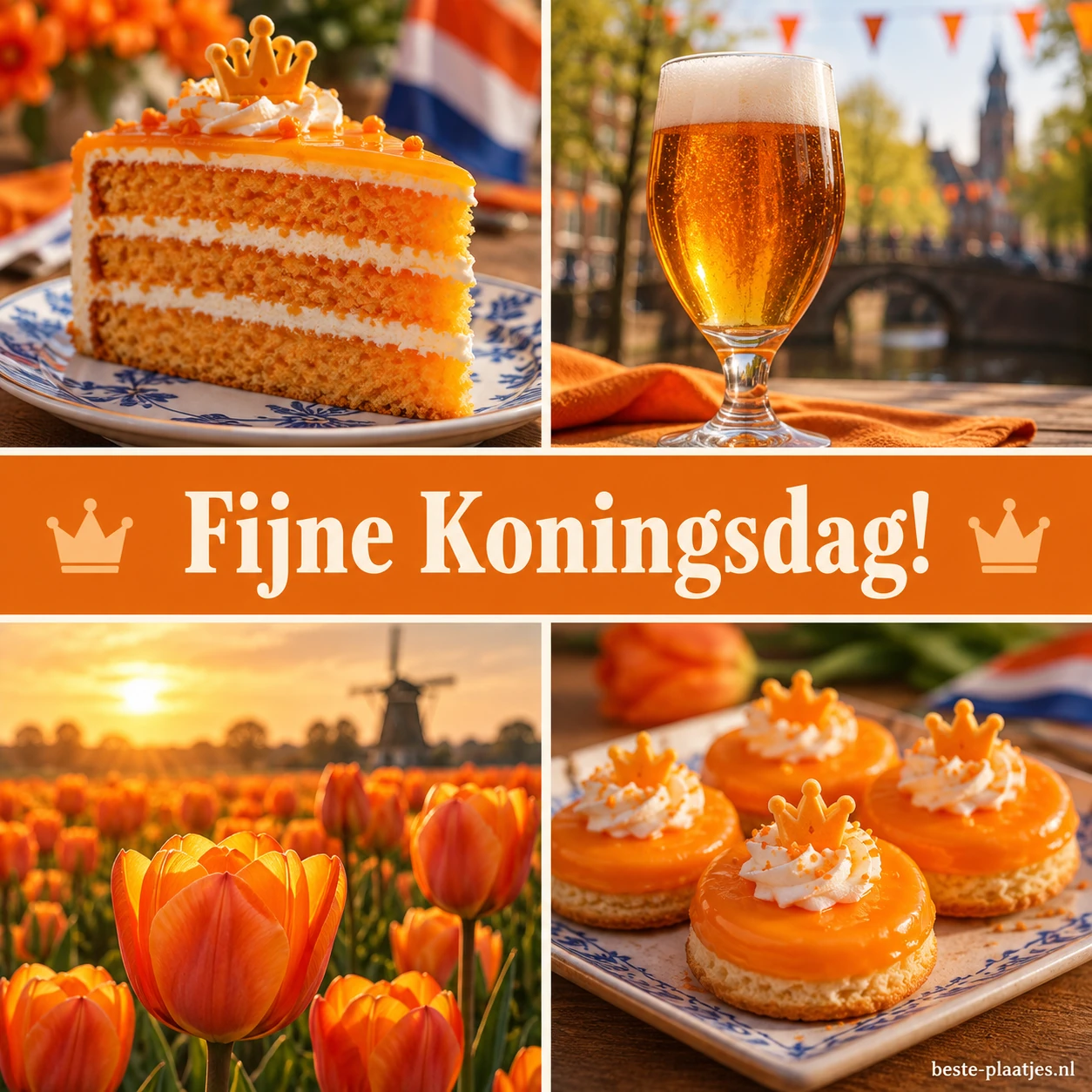 Vier beelden tonen oranje taart, bier, tulpen en kleine gebakjes. Vier beelden tonen oranje taart, bier, tulpen en kleine gebakjes.